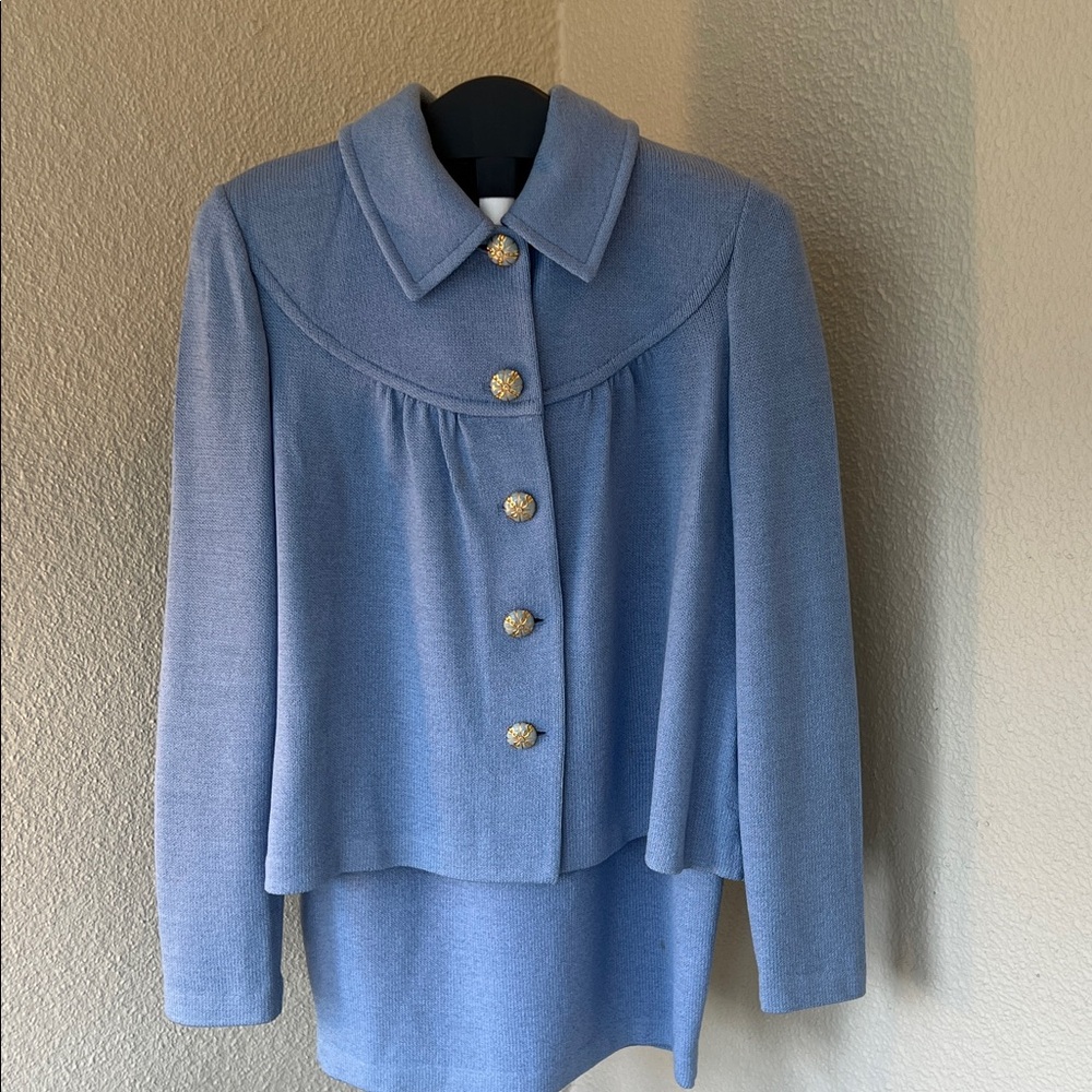 St. John Light Blue Two Piece Knit Set with Gold and Light Blue Buttons.